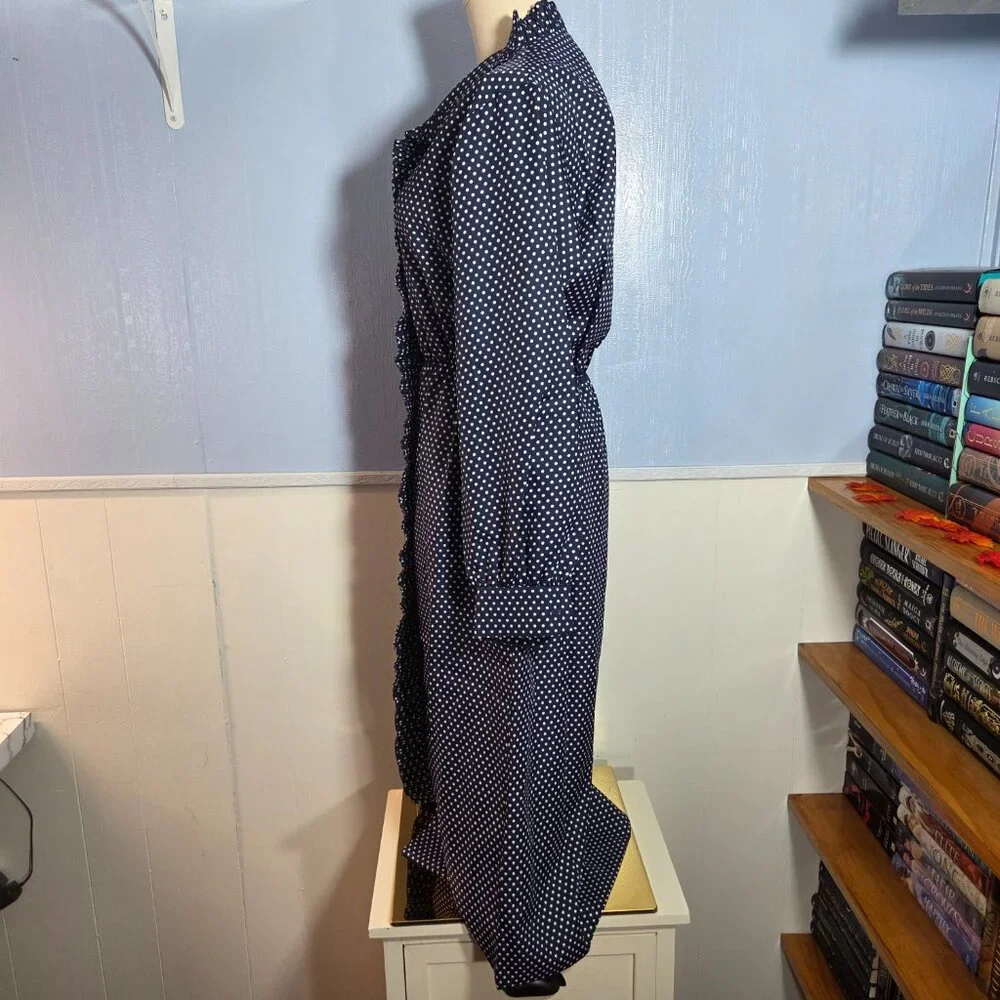 Vintage Abe Schrader Size 10 Navy Blue Polka Dot Peal Ruffle Long Dress - Picture 8 of 9